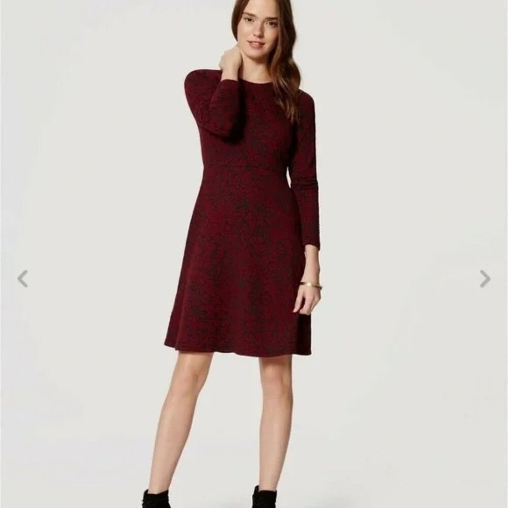 Ann Taylor Loft Women's Long Sleeve Jacquard Red & Black Floral Dress, Size 8P